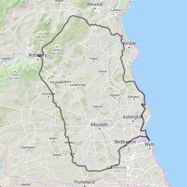 Map miniature of "Nature and Heritage Tour: Northumberland Highlights" cycling inspiration in Northumberland and Tyne and Wear, United Kingdom. Generated by Tarmacs.app cycling route planner