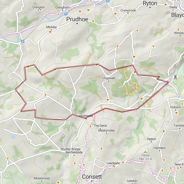 Map miniature of "Hillside Escape" cycling inspiration in Northumberland and Tyne and Wear, United Kingdom. Generated by Tarmacs.app cycling route planner