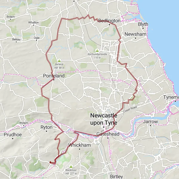 Map miniature of "The Gravel Adventure" cycling inspiration in Northumberland and Tyne and Wear, United Kingdom. Generated by Tarmacs.app cycling route planner