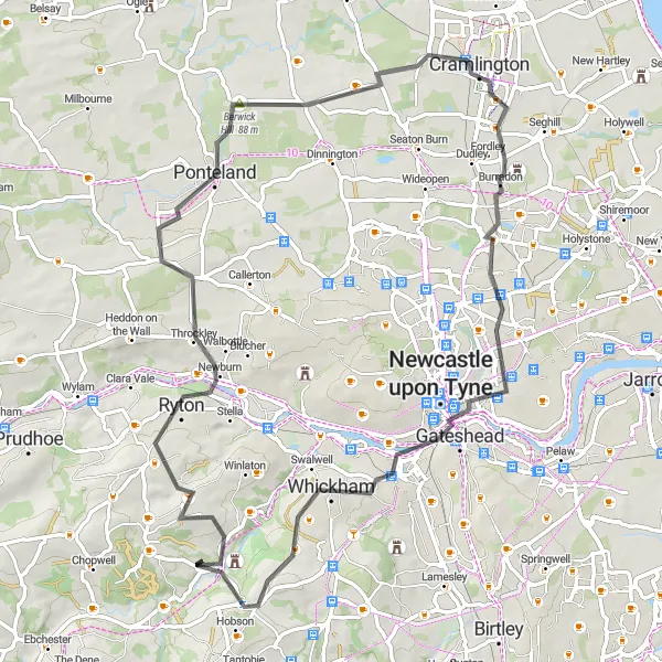 Map miniature of "Tyne Valley Loop" cycling inspiration in Northumberland and Tyne and Wear, United Kingdom. Generated by Tarmacs.app cycling route planner