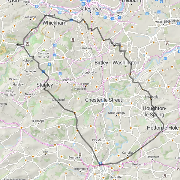 Map miniature of "Whickham and Durham Castle Ride" cycling inspiration in Northumberland and Tyne and Wear, United Kingdom. Generated by Tarmacs.app cycling route planner