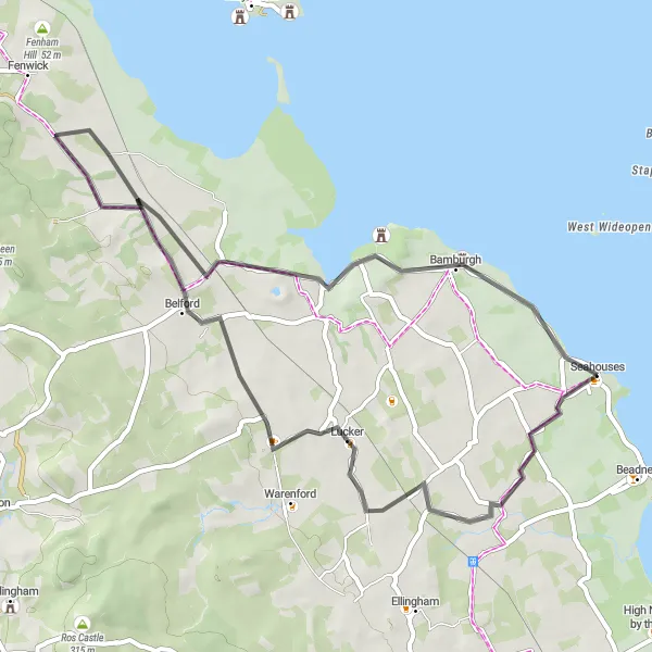 Map miniature of "The Castle Coast Loop" cycling inspiration in Northumberland and Tyne and Wear, United Kingdom. Generated by Tarmacs.app cycling route planner