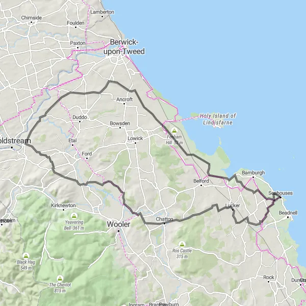 Map miniature of "Northumberland Coastal Loop" cycling inspiration in Northumberland and Tyne and Wear, United Kingdom. Generated by Tarmacs.app cycling route planner