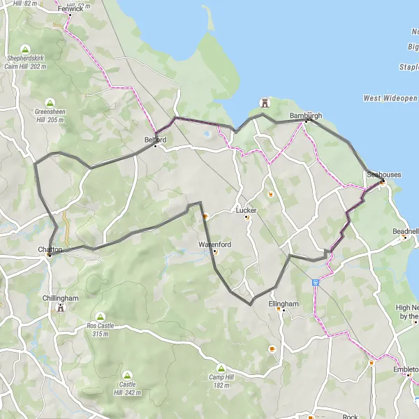 Map miniature of "Seahouses and Coastal Delights" cycling inspiration in Northumberland and Tyne and Wear, United Kingdom. Generated by Tarmacs.app cycling route planner