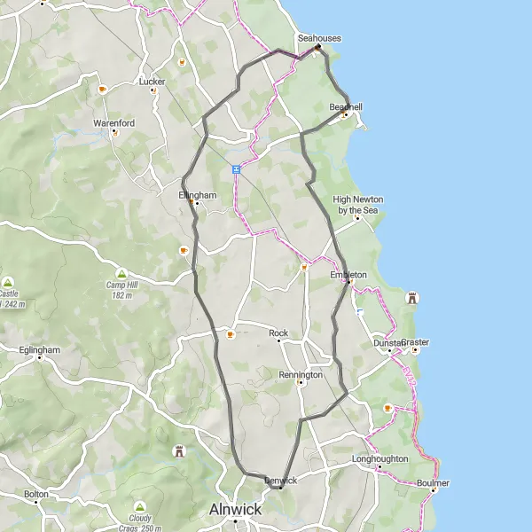 Map miniature of "The Coastal Adventure" cycling inspiration in Northumberland and Tyne and Wear, United Kingdom. Generated by Tarmacs.app cycling route planner