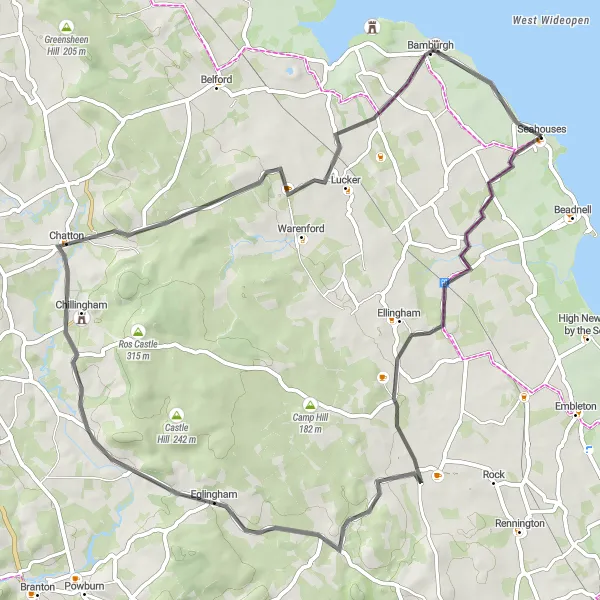 Map miniature of "Seahouses and Countryside Adventure" cycling inspiration in Northumberland and Tyne and Wear, United Kingdom. Generated by Tarmacs.app cycling route planner