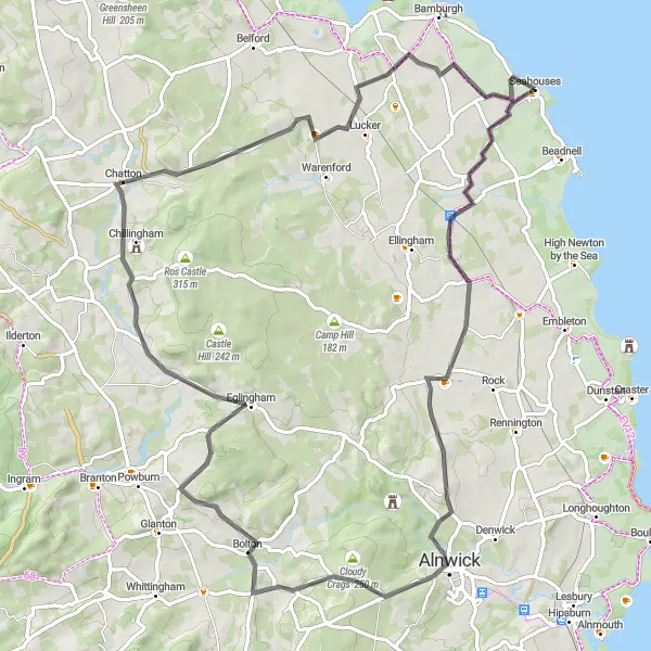 Map miniature of "The Ultimate Coastal Challenge" cycling inspiration in Northumberland and Tyne and Wear, United Kingdom. Generated by Tarmacs.app cycling route planner