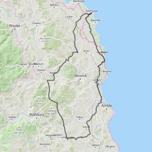 Map miniature of "Coastal and Countryside Adventure" cycling inspiration in Northumberland and Tyne and Wear, United Kingdom. Generated by Tarmacs.app cycling route planner