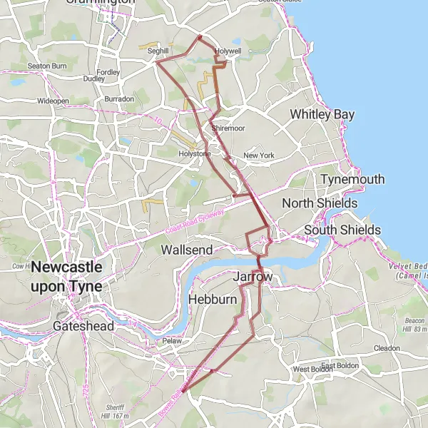 Map miniature of "Jarrow Gravel Exploration" cycling inspiration in Northumberland and Tyne and Wear, United Kingdom. Generated by Tarmacs.app cycling route planner