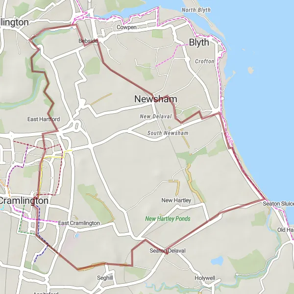 Map miniature of "Coastal Gravel Adventure" cycling inspiration in Northumberland and Tyne and Wear, United Kingdom. Generated by Tarmacs.app cycling route planner