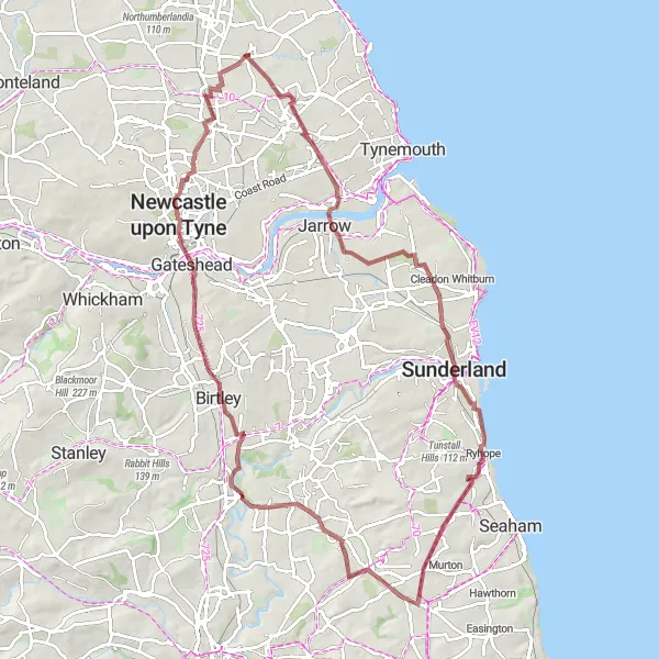 Map miniature of "Seghill to Burradon Gravel Route" cycling inspiration in Northumberland and Tyne and Wear, United Kingdom. Generated by Tarmacs.app cycling route planner