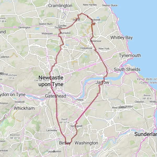 Map miniature of "Gateshead Gravel Trail" cycling inspiration in Northumberland and Tyne and Wear, United Kingdom. Generated by Tarmacs.app cycling route planner