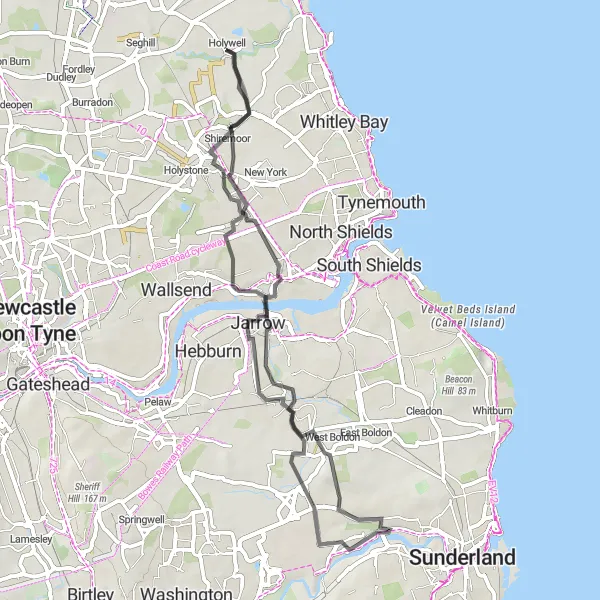 Map miniature of "Howdon Loop Road Ride" cycling inspiration in Northumberland and Tyne and Wear, United Kingdom. Generated by Tarmacs.app cycling route planner