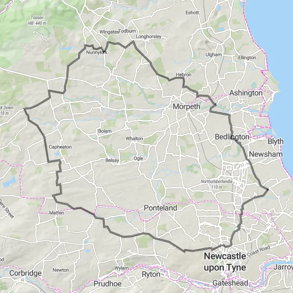 Map miniature of "Northumberland Countryside Loop" cycling inspiration in Northumberland and Tyne and Wear, United Kingdom. Generated by Tarmacs.app cycling route planner