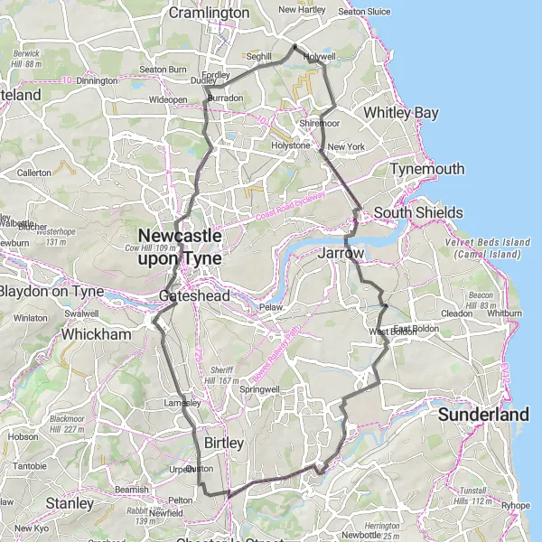 Map miniature of "Seaton Delaval to Dudley Road Ride" cycling inspiration in Northumberland and Tyne and Wear, United Kingdom. Generated by Tarmacs.app cycling route planner