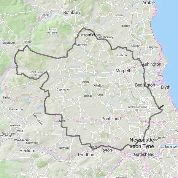 Map miniature of "Northumberland Grind" cycling inspiration in Northumberland and Tyne and Wear, United Kingdom. Generated by Tarmacs.app cycling route planner