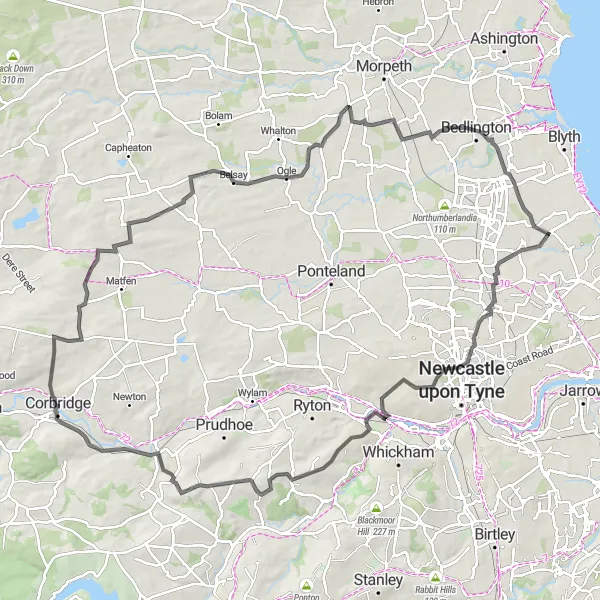 Map miniature of "Tyne Valley Loop" cycling inspiration in Northumberland and Tyne and Wear, United Kingdom. Generated by Tarmacs.app cycling route planner