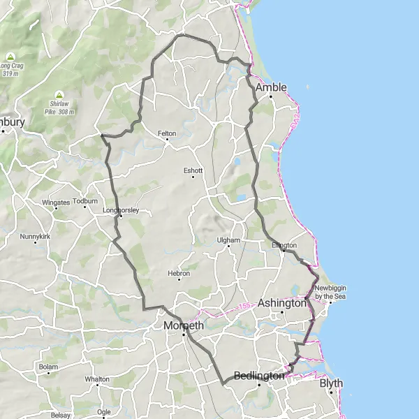 Map miniature of "Seaside and Countryside Adventure" cycling inspiration in Northumberland and Tyne and Wear, United Kingdom. Generated by Tarmacs.app cycling route planner