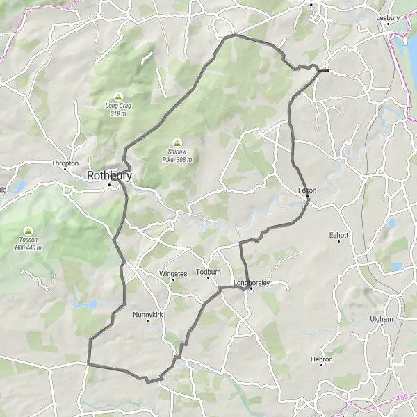 Map miniature of "Challenging Terrain and Spectacular Views" cycling inspiration in Northumberland and Tyne and Wear, United Kingdom. Generated by Tarmacs.app cycling route planner