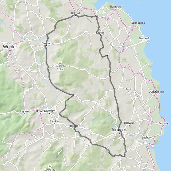 Map miniature of "Discover Alnwick and Beyond" cycling inspiration in Northumberland and Tyne and Wear, United Kingdom. Generated by Tarmacs.app cycling route planner