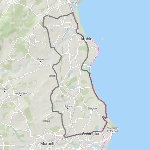 Map miniature of "Coastal Delights" cycling inspiration in Northumberland and Tyne and Wear, United Kingdom. Generated by Tarmacs.app cycling route planner