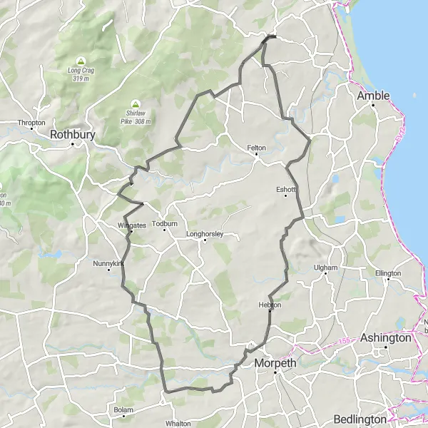 Map miniature of "Countryside Delight" cycling inspiration in Northumberland and Tyne and Wear, United Kingdom. Generated by Tarmacs.app cycling route planner