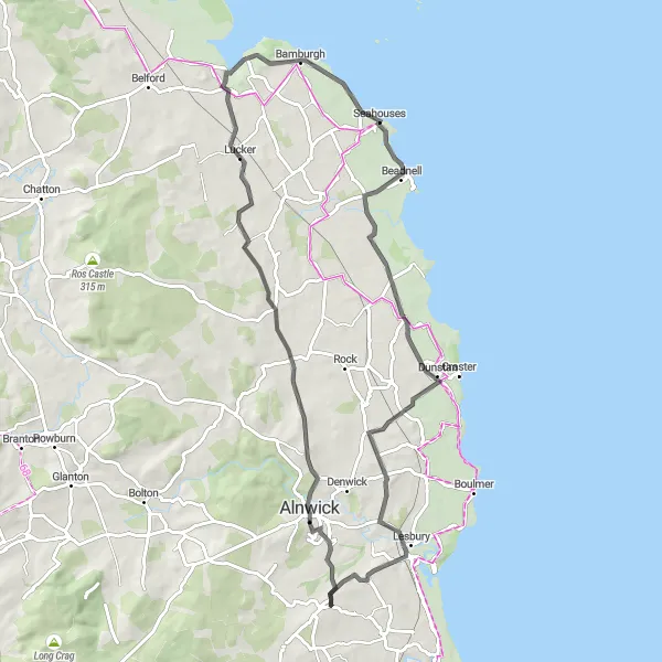 Map miniature of "Coastal Escape" cycling inspiration in Northumberland and Tyne and Wear, United Kingdom. Generated by Tarmacs.app cycling route planner