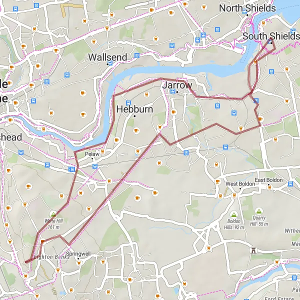 Map miniature of "South Shields Gravel Loop" cycling inspiration in Northumberland and Tyne and Wear, United Kingdom. Generated by Tarmacs.app cycling route planner