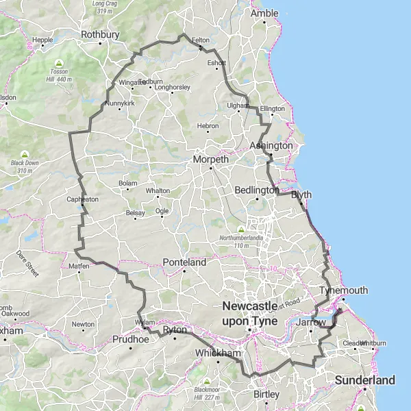 Map miniature of "South Shields to Jarrow and Beyond" cycling inspiration in Northumberland and Tyne and Wear, United Kingdom. Generated by Tarmacs.app cycling route planner