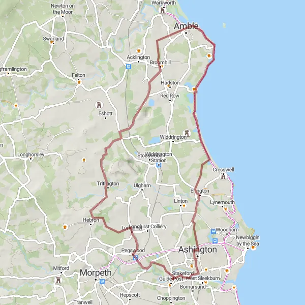 Map miniature of "Gravel Adventure" cycling inspiration in Northumberland and Tyne and Wear, United Kingdom. Generated by Tarmacs.app cycling route planner