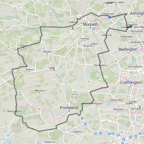 Map miniature of "Hepscott to Bothal Castle" cycling inspiration in Northumberland and Tyne and Wear, United Kingdom. Generated by Tarmacs.app cycling route planner