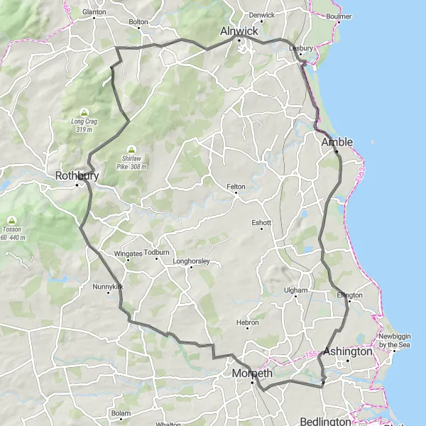 Map miniature of "Haw Hill to Ellington" cycling inspiration in Northumberland and Tyne and Wear, United Kingdom. Generated by Tarmacs.app cycling route planner