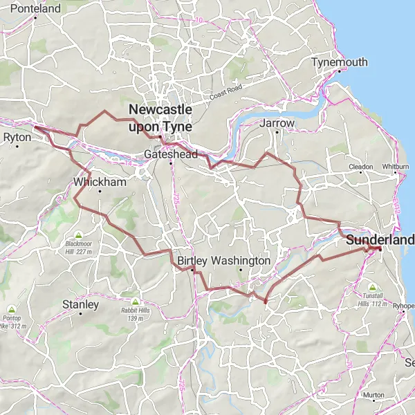 Map miniature of "Penshaw Adventure" cycling inspiration in Northumberland and Tyne and Wear, United Kingdom. Generated by Tarmacs.app cycling route planner