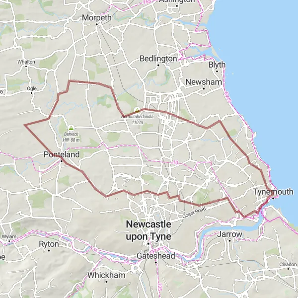 Map miniature of "North Shields to Cullercoats Gravel Loop" cycling inspiration in Northumberland and Tyne and Wear, United Kingdom. Generated by Tarmacs.app cycling route planner