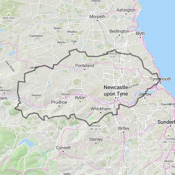 Map miniature of "Gateshead to Whitley Bay Road Tour" cycling inspiration in Northumberland and Tyne and Wear, United Kingdom. Generated by Tarmacs.app cycling route planner