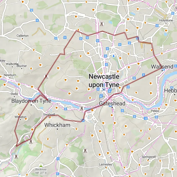 Map miniature of "North Gosforth Countryside Gravel Route" cycling inspiration in Northumberland and Tyne and Wear, United Kingdom. Generated by Tarmacs.app cycling route planner