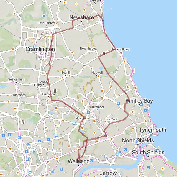 Map miniature of "Segedunum Fort Gravel Loop" cycling inspiration in Northumberland and Tyne and Wear, United Kingdom. Generated by Tarmacs.app cycling route planner