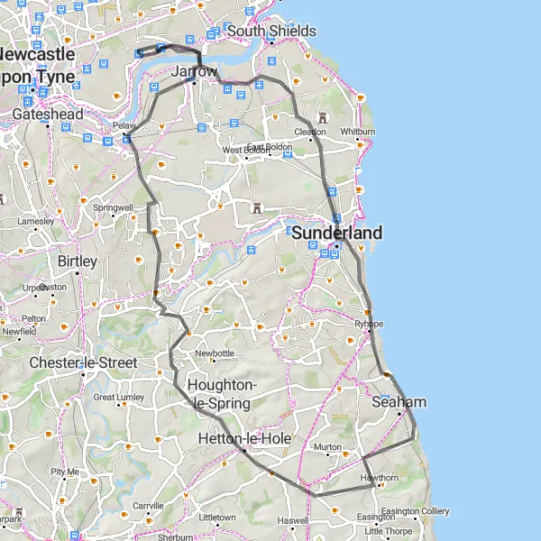 Map miniature of "Monkwearmouth–Jarrow Abbey Loop" cycling inspiration in Northumberland and Tyne and Wear, United Kingdom. Generated by Tarmacs.app cycling route planner