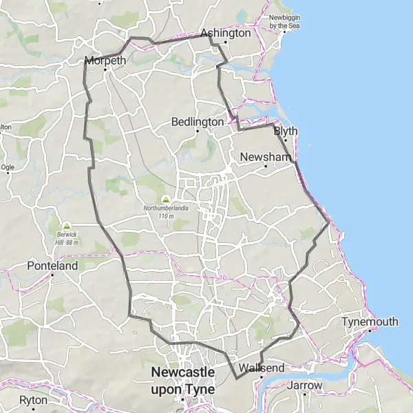 Map miniature of "Gosforth to Blyth Coastal Route" cycling inspiration in Northumberland and Tyne and Wear, United Kingdom. Generated by Tarmacs.app cycling route planner