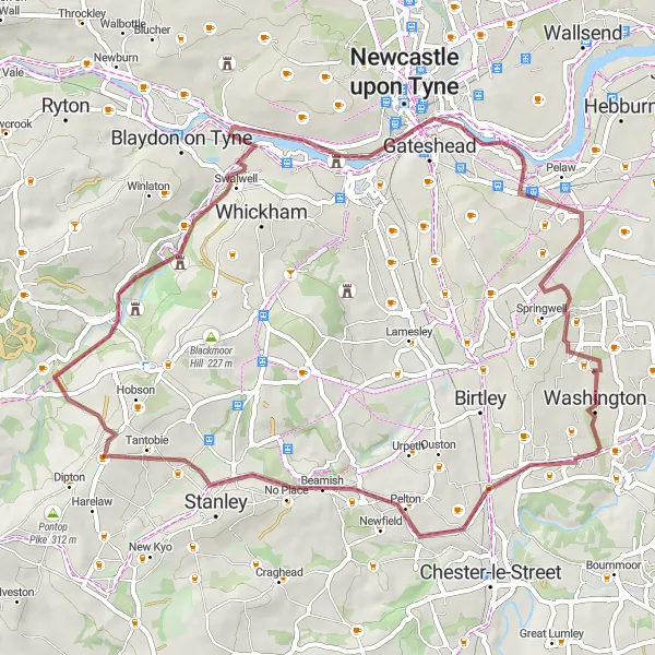 Map miniature of "Rabbit Hills - Newcastle Castle Gravel Loop" cycling inspiration in Northumberland and Tyne and Wear, United Kingdom. Generated by Tarmacs.app cycling route planner