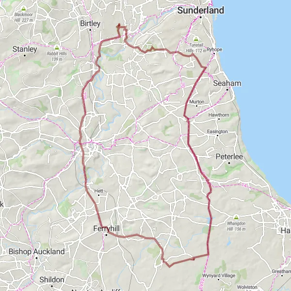 Map miniature of "Worm Hill - Ferryhill Station Gravel Loop" cycling inspiration in Northumberland and Tyne and Wear, United Kingdom. Generated by Tarmacs.app cycling route planner