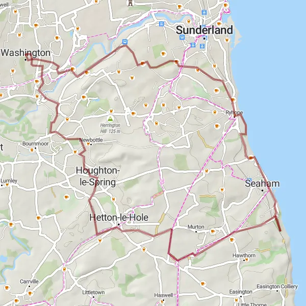 Map miniature of "The Coastal Gravel Adventure" cycling inspiration in Northumberland and Tyne and Wear, United Kingdom. Generated by Tarmacs.app cycling route planner