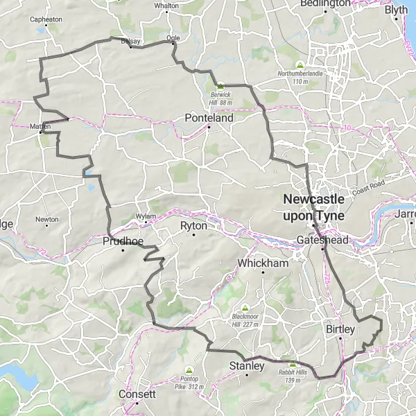 Map miniature of "Historic Castles and Countryside Ride" cycling inspiration in Northumberland and Tyne and Wear, United Kingdom. Generated by Tarmacs.app cycling route planner