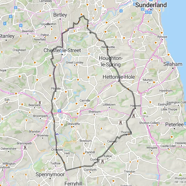 Map miniature of "Worm Hill - Washington Loop" cycling inspiration in Northumberland and Tyne and Wear, United Kingdom. Generated by Tarmacs.app cycling route planner