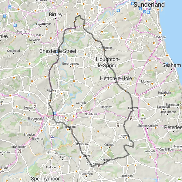 Map miniature of "Worm Hill - Washington - Framwellgate Moor Loop" cycling inspiration in Northumberland and Tyne and Wear, United Kingdom. Generated by Tarmacs.app cycling route planner
