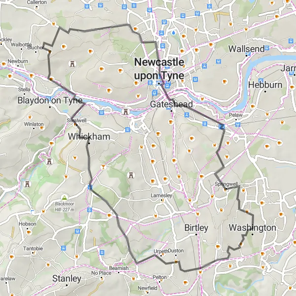 Map miniature of "Historical Landmarks Tour" cycling inspiration in Northumberland and Tyne and Wear, United Kingdom. Generated by Tarmacs.app cycling route planner