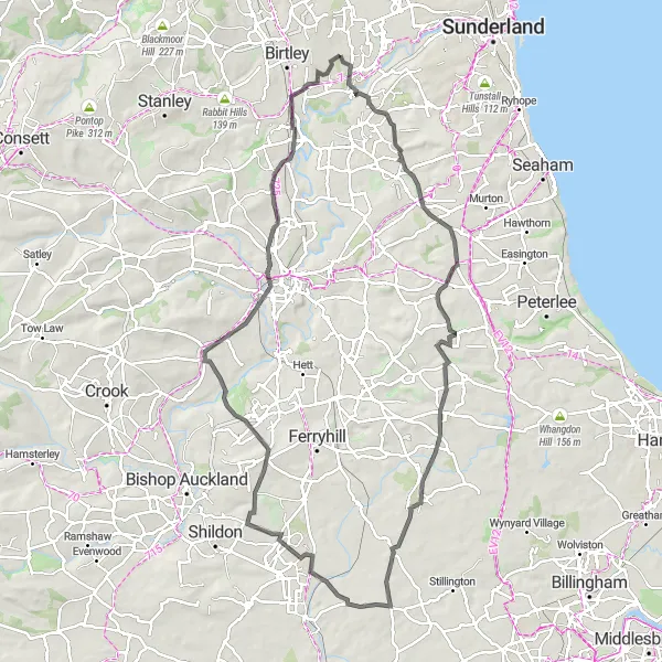 Map miniature of "The Durham Challenge" cycling inspiration in Northumberland and Tyne and Wear, United Kingdom. Generated by Tarmacs.app cycling route planner