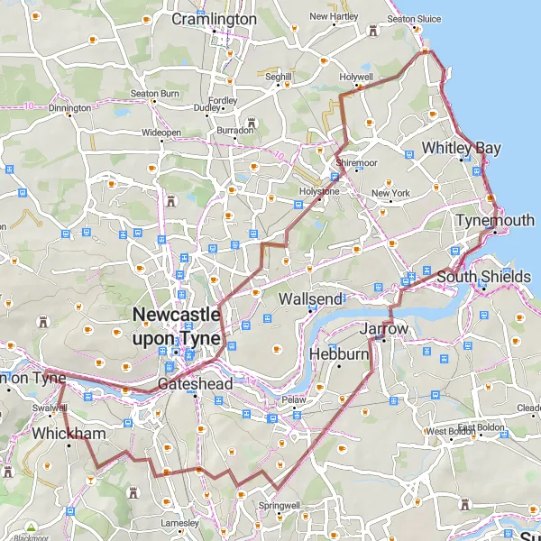 Map miniature of "Whickham to South Shields via Jarrow" cycling inspiration in Northumberland and Tyne and Wear, United Kingdom. Generated by Tarmacs.app cycling route planner