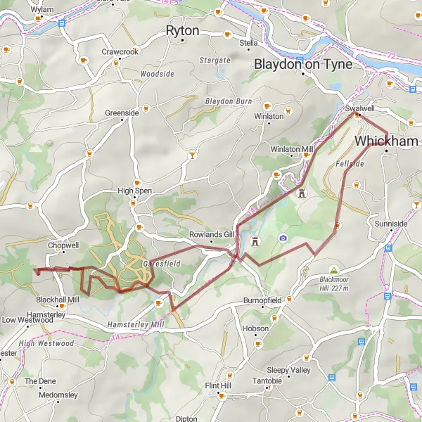 Map miniature of "Whickham to Chopwell Circular" cycling inspiration in Northumberland and Tyne and Wear, United Kingdom. Generated by Tarmacs.app cycling route planner