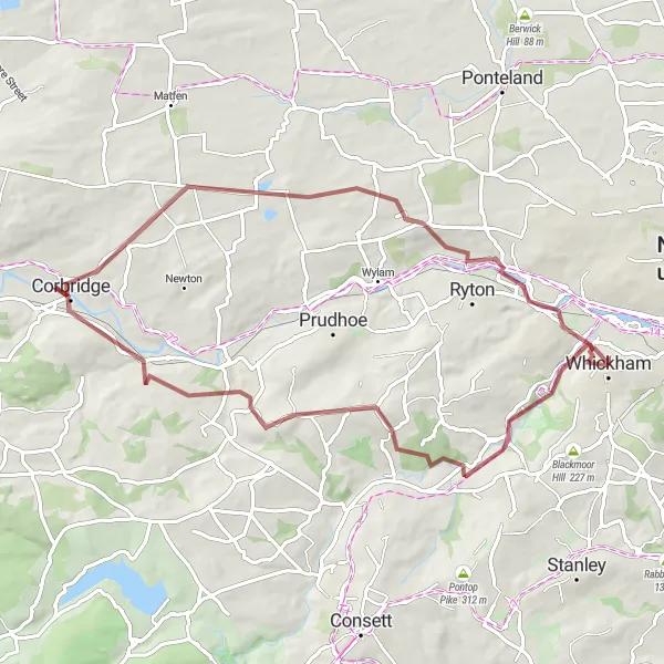 Map miniature of "The Gravel Journey through Whickham and Surroundings" cycling inspiration in Northumberland and Tyne and Wear, United Kingdom. Generated by Tarmacs.app cycling route planner